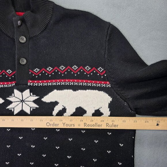 Chaps Sweater Mens Large Black Mock Neck 3-Button Fair Isle Polar Bear Cotton - Picture 6 of 9